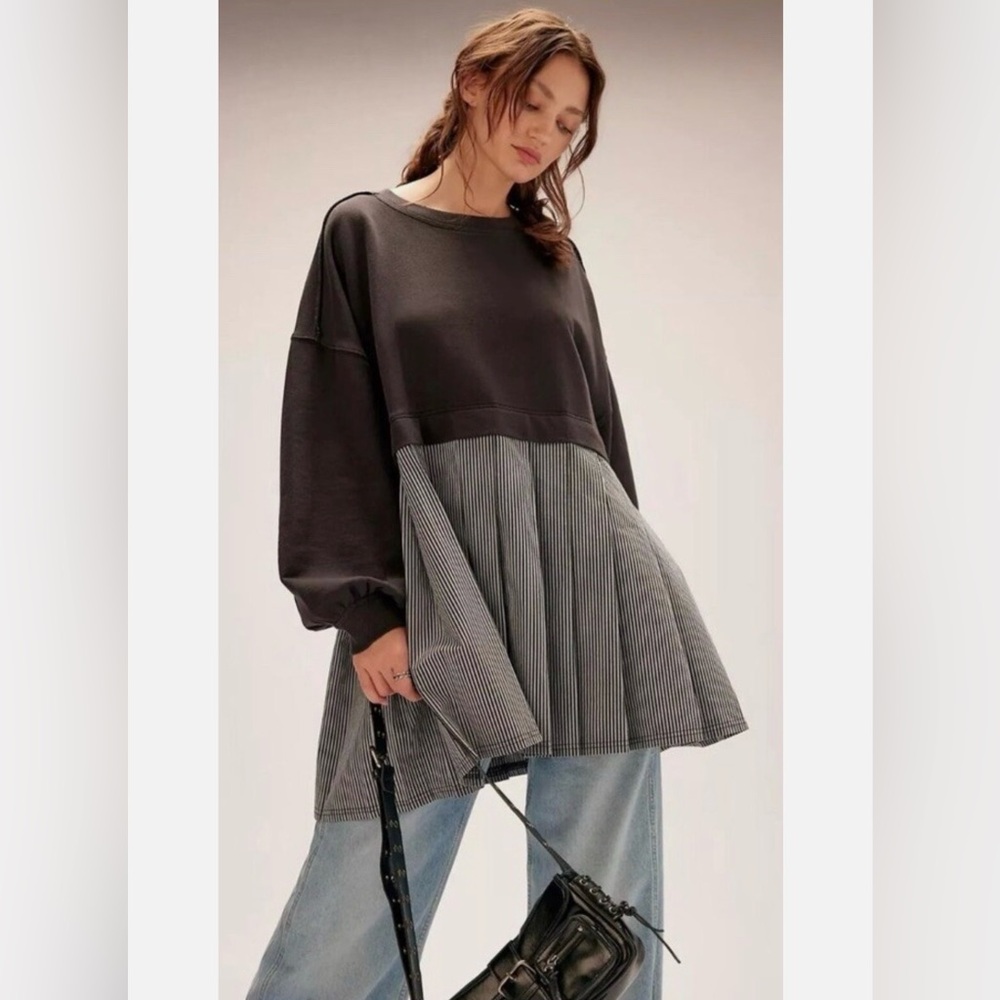 Free People Eleanor Gray Oversized Layered Sweatshirt Tunic Dress Medium NWT